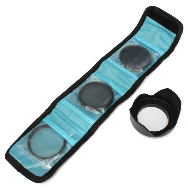 Lens filter set in foldout pouch and tulip lens hood