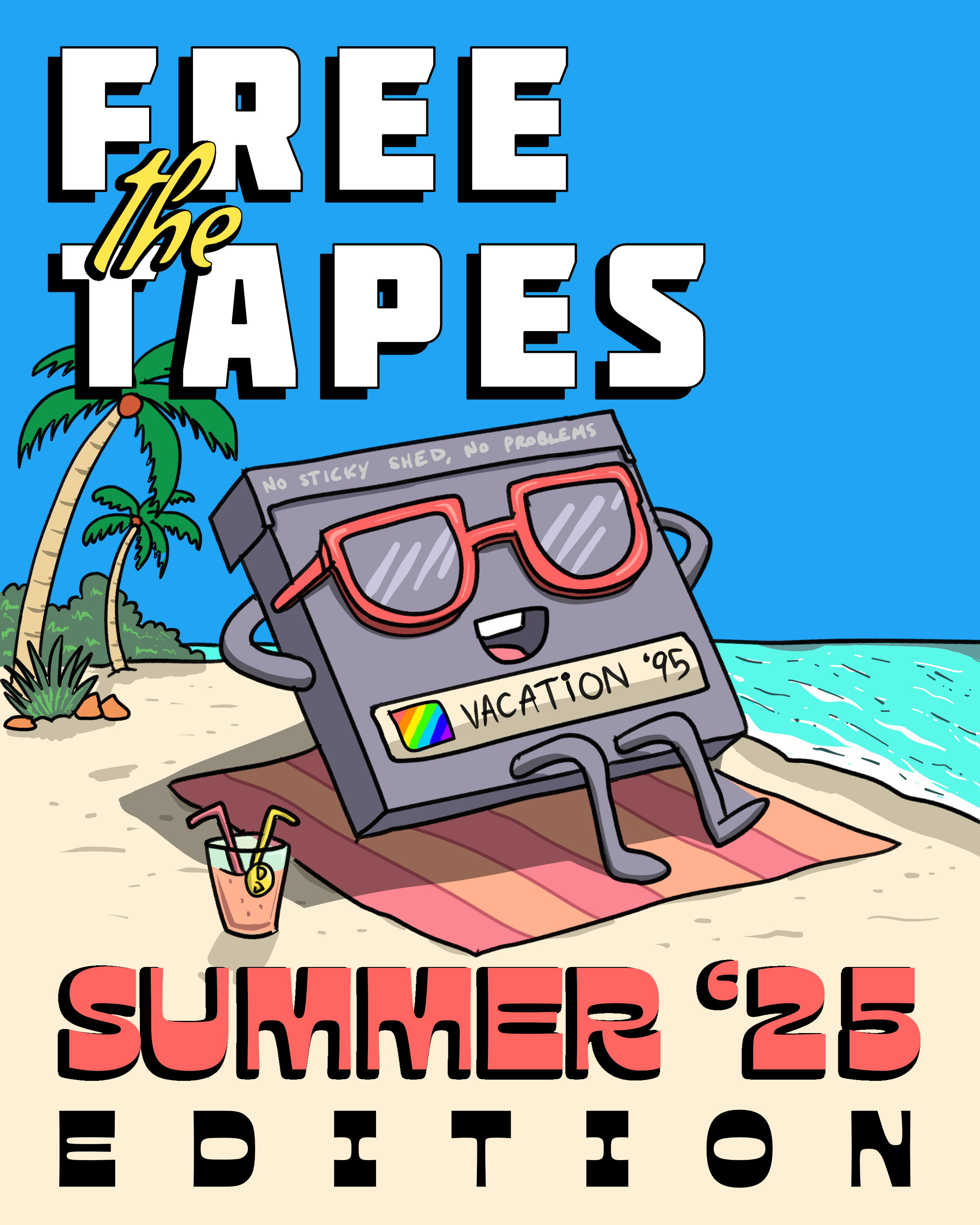 cartoon video cassette lounging on the beach