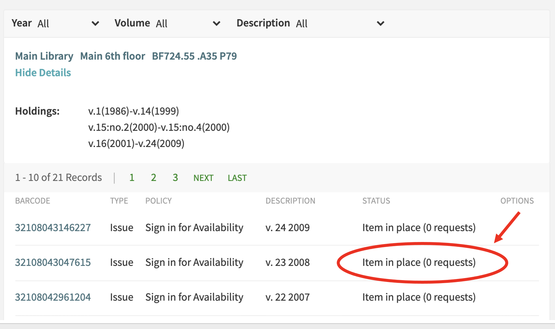 Red arrow points to "item in place" status next to jounral volume/issue 