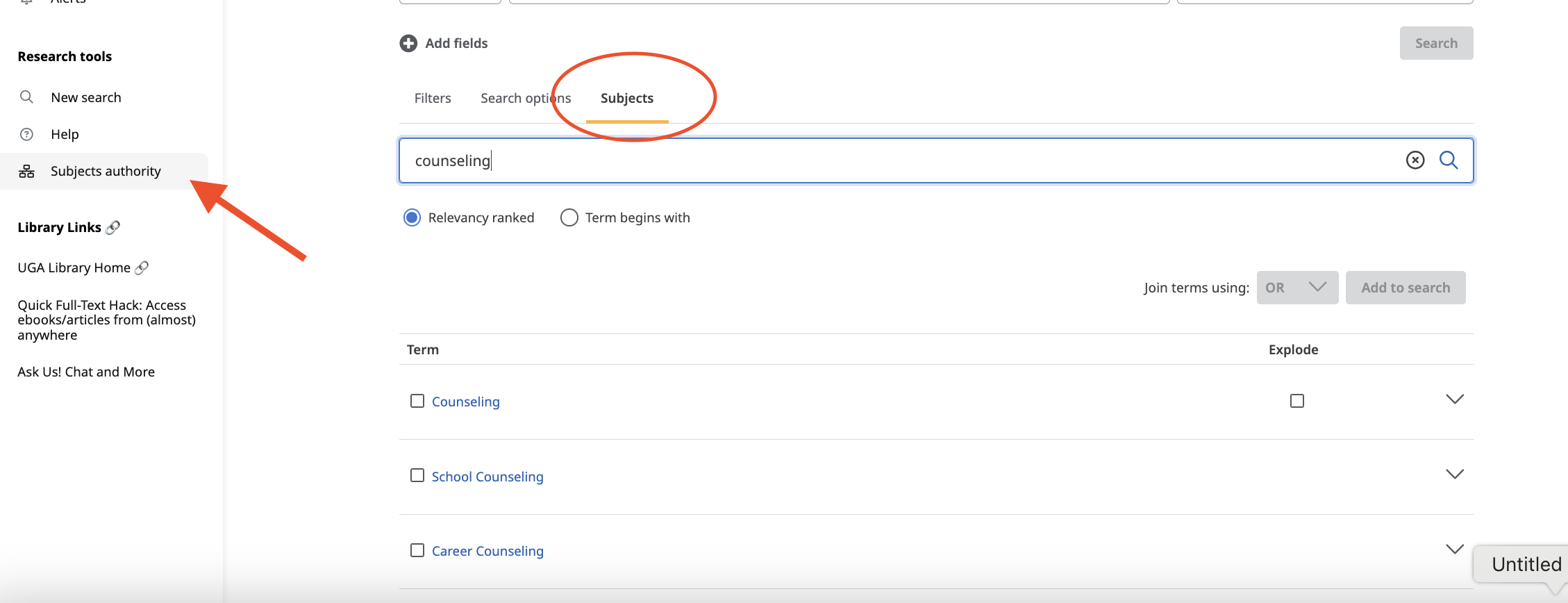 arrows pointing to Subjects Authority option under Research Tools on the left side menu