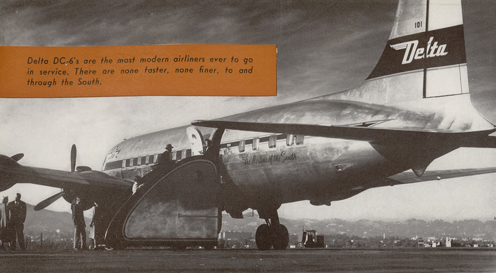 Promotional image of a Delta jet on the tarmac, 1948
