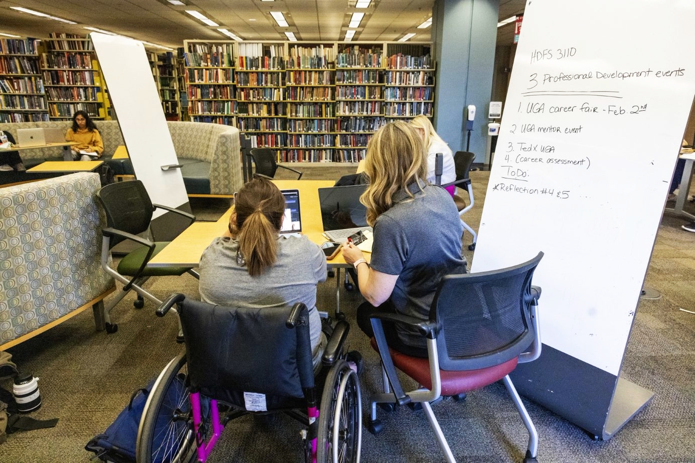 student in wheelchair studying in McBay Science Library