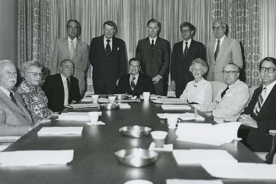 Board of Trustees, July 1974. Seated (l to r): Dick Rich, Mary Jewett, U.S. Rep. Phil Landrum, U.S. Senator Herman Talmadge, Louise Richardson Allen, Charles L. Gowan, Wyck A. Knox, Jr. Standing (l to r): Morris Bryan, Jr., Jasper Dorsey, William L. Norton Jr., Hugh Peterson, Jr., and John N. Booth, Foundation Secretary.