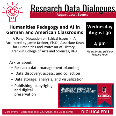Image of a flyer about the event and with information about the Research and Computational Data Management Department in the UGA Libraries