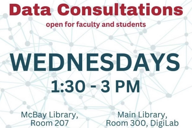 Poster stating, Data consultations: Wednesday 1:30 to 3 PM