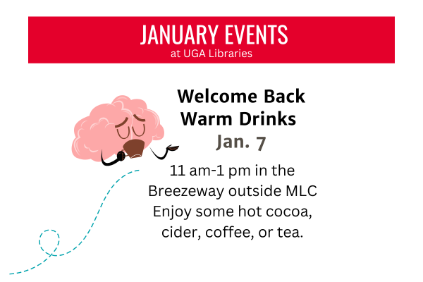 a brain cartoon drinking from a coffee mug with details on Welcome Back event Jan. 7