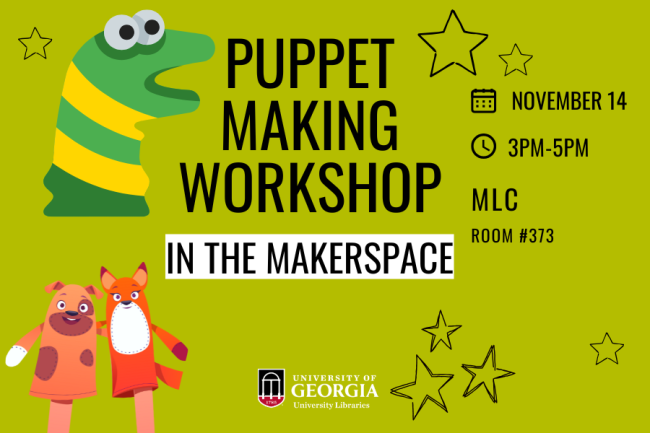 Green graphic for a puppet making workshop in the makerspace depicting a few puppets, including a dog puppet and a fox puppet