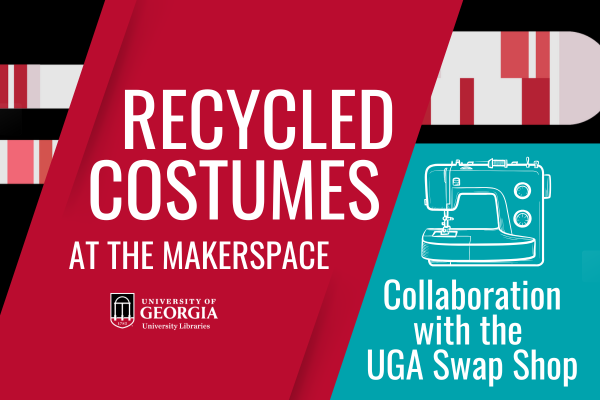 Mending at the Makerspace graphic red and black with a sewing machine in a blue block