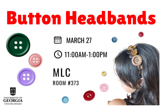 Button Headband graphic with image of woman with dark hair wearing a headband covered in brown buttons