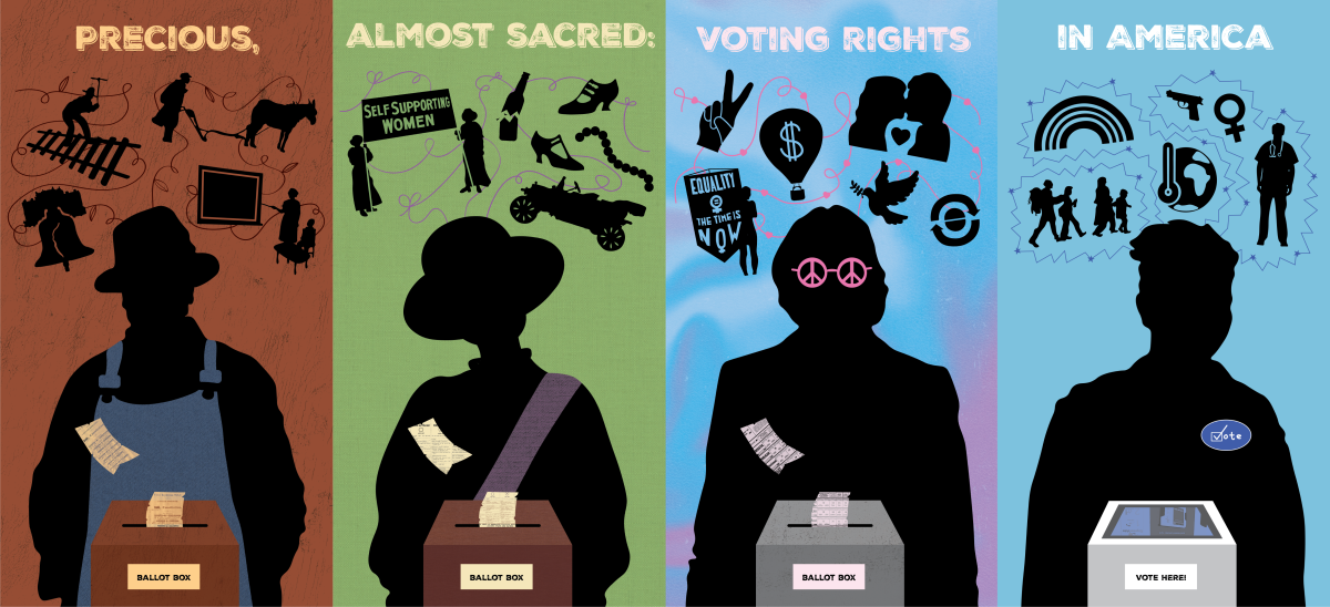 Graphic for exhibition showing silhouettes of four different voters over time and issues that impact their decision