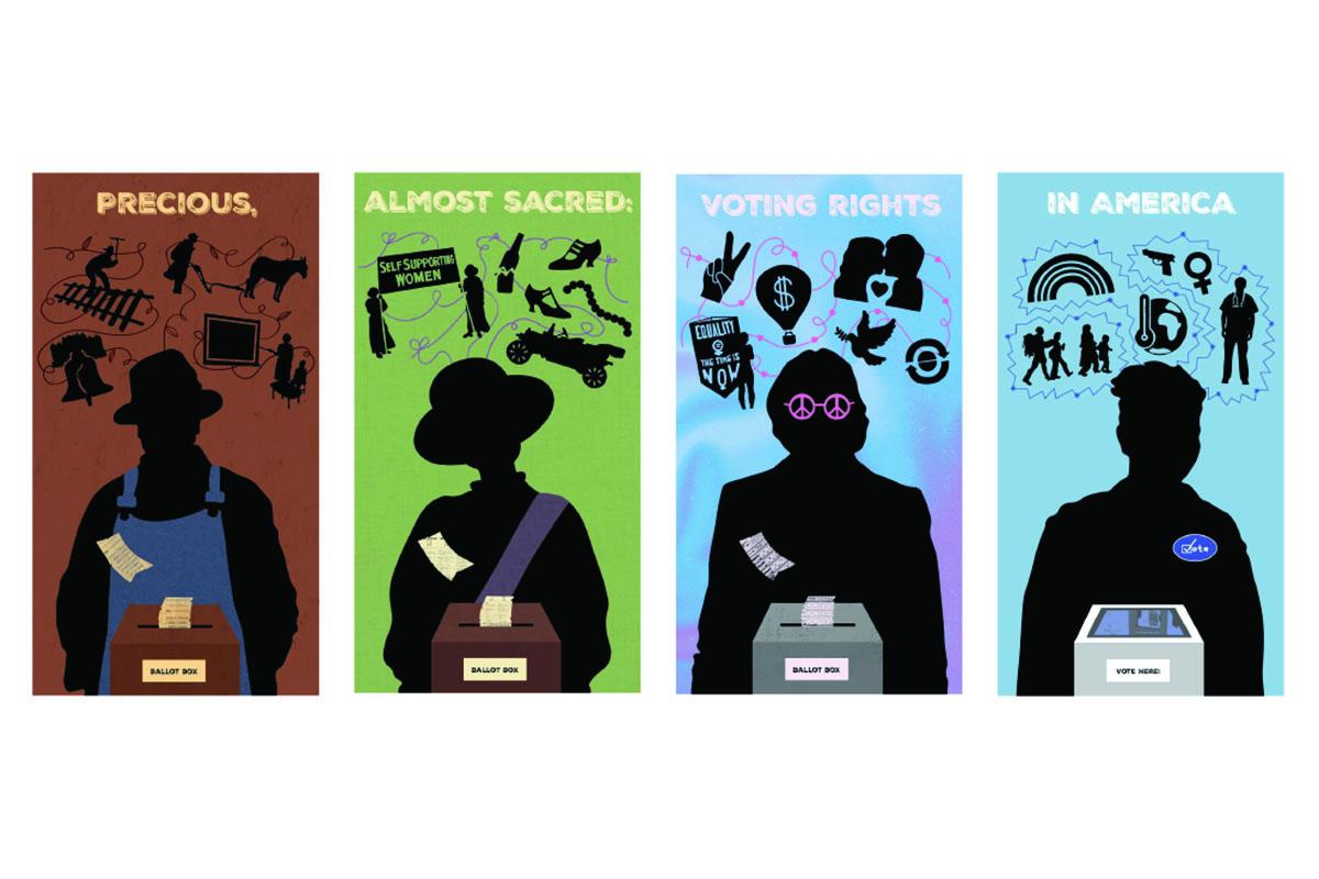 Graphic for exhibition showing silhouettes of four different voters over time and issues that impact their decision