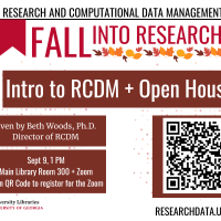 graphic for Fall Into Research event with fall leaves