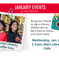 Male and female students posing in front of a library shelf with info on Library Shelfie Day Jan. 22
