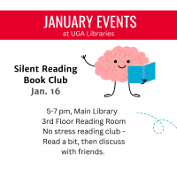 cartoon brain with a book with event info Silent Reading Book Club Jan. 16