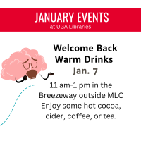 a brain cartoon drinking from a coffee mug with details on Welcome Back event Jan. 7
