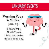 cartoon brain doing a yoga pose with info on yoga and coffee event Jan. 23