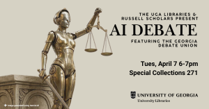 AI Debate poster. Features robot version of lady justice.